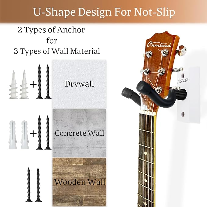 Onmiwod Guitar Wall Mount 2 Pack, White Hardwood Guitar Hanger, U-Shaped Guitar Wall Hanger Mount, Guitar Holder Hook Stand Wall for Acoustic, Electric Guitar, Banjo, Bass, for Guitar Player Men Boy