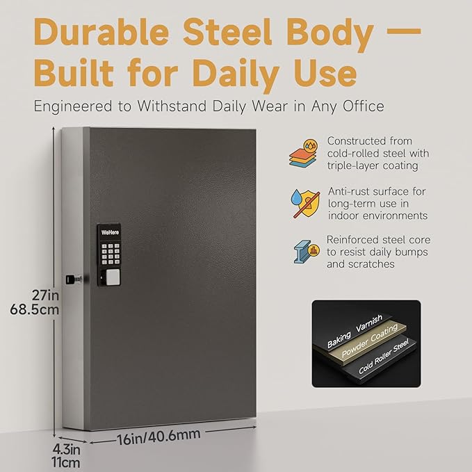 192-Key Smart Key Lock Box, Wall-Mount Key Cabinet with Key Management App(Track Key Borrow/Return), Keypad, Bluetooth & WiFi Unlock (Sold Separately) for Commercial, School, Rental, Office