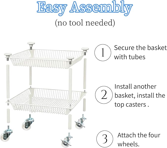 2 Tier Small Utility Cart on Wheels Short Rolling Pantry Cart Thick Metal Wire Basket Stand, Fruit Vegetables Storage Rack for Kitchen, Under Desk Storage for Small Space Bathroom Laundry, White