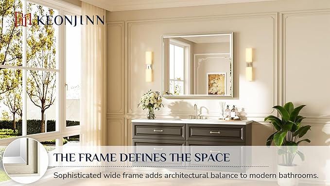 Keonjinn 42" x 36" Brushed Nickel Bathroom Vanity Mirror, Large Silver Bathroom Mirrors for Wall, Wide Metal Frame, HD Tempered Glass, Shatterproof, Rectangle Wall-Mounted Mirrors for Over Sink