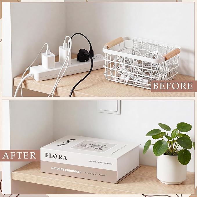Maitys Book Shape Decorative Cable Management Box, Cable Cord Organizer Hider Box with Magnetic Closure, Decorative Faux Books for Home Office Decor Photo Storage(Beige,Flower)