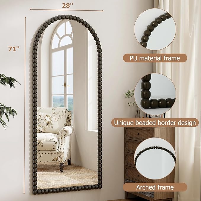 28"x71" Antique Arched Full Length Mirror, Vintage Beaded Decorative Floor Full Body Dressing Mirror as Room Decor Hanging Leaning Standing for Living Room, Bedroom, Vanity Area