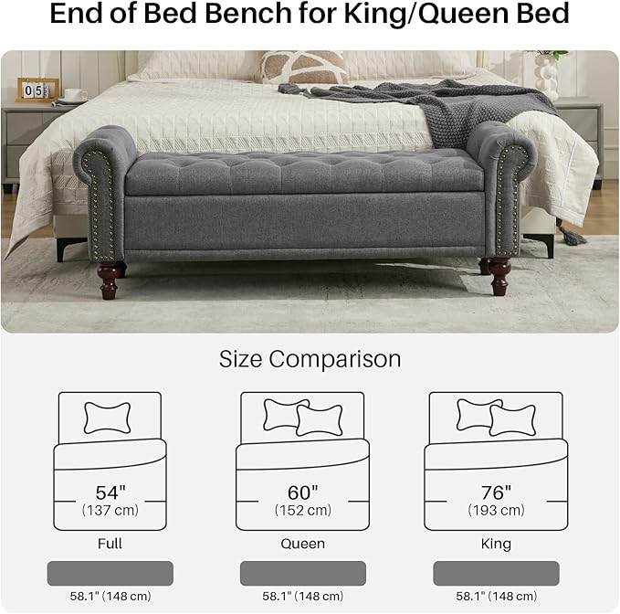 SOFTHION 58.1" Storage Bench Upholstered Linen End of Bedroom Bed Bench Ottoman with Tufted Cushioned Rolled Arm Large Storage Space for Reading Living Room Entryway, Grey
