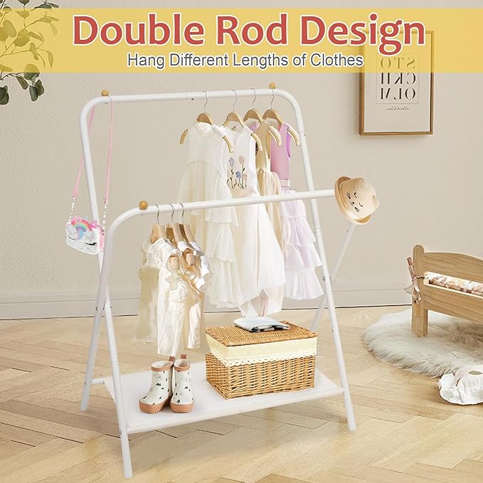 YGJT Kids Clothing Rack 2 Rods, Dress Up Storage for Little Girls with Bottom Storage Shelf, Cute Toddler Wardrobe Cloest Garment for Hanging Coat, Dance Costume, Dresses, Clothes in Bedroom, White