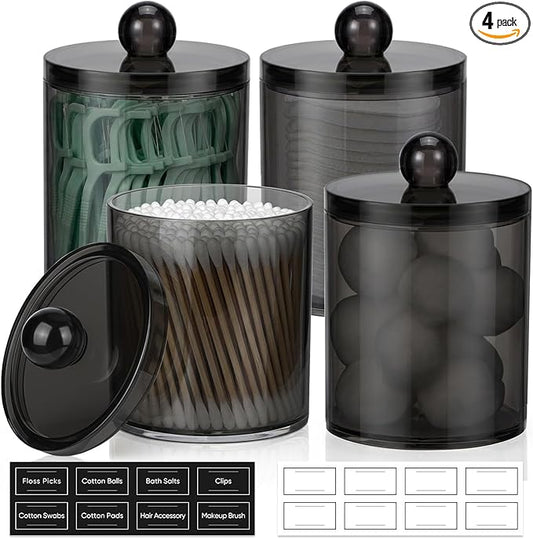 4 Pack Acrylic Qtip Holder Dispenser for Cotton Swabs, Balls, Pads, Floss Picks- Clear Acrylic Canister Apothecary Jar Set, Bathroom Essentials Accessories Decor Vanity Makeup Storage Organizer -Black
