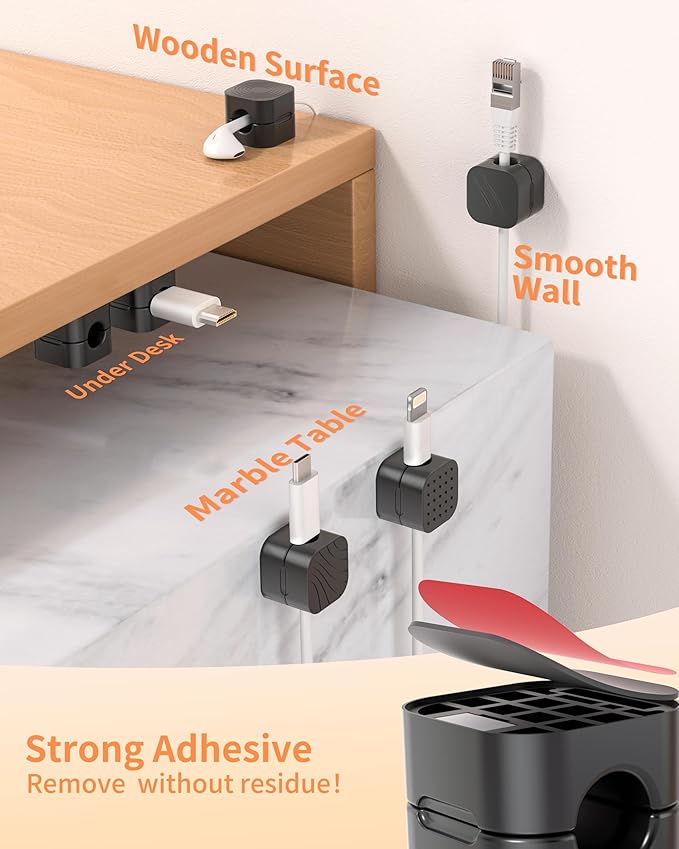 6Pack Cable Organizer Clips, Magnetic Cable Holder (1s Lock), XOVRAETH Strong Adhesive Wire Management for Desk, Nightstand, Living Room, Kitchen, Office, Car(BlackC)