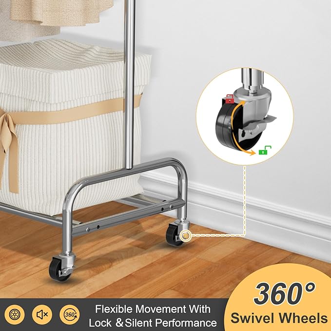 Clothing Rack Chrome, 47.05" to 65.94" Adjustable Rolling Clothing Rack, Standard Drying Garment Rack for Hanging Clothes, Metal Clothes Organizer with Wheels for Bedroom, Laundry Room, Silver