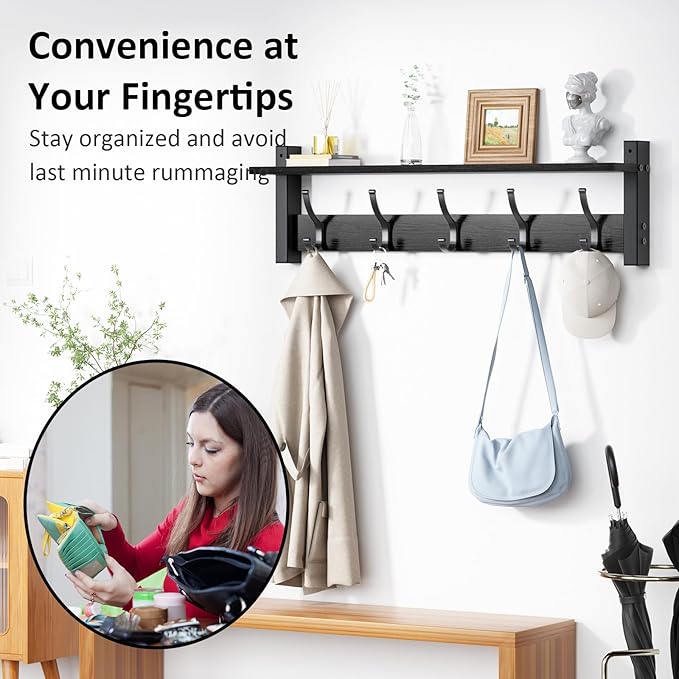 Optish Coat Rack Wall Mount with Shelf, 24 Inch Coat Hanger Walls Mounted, Hat Rack for Walls, Shelf with 5 Coat Hooks, Wall Hanger for Entryway (Black)