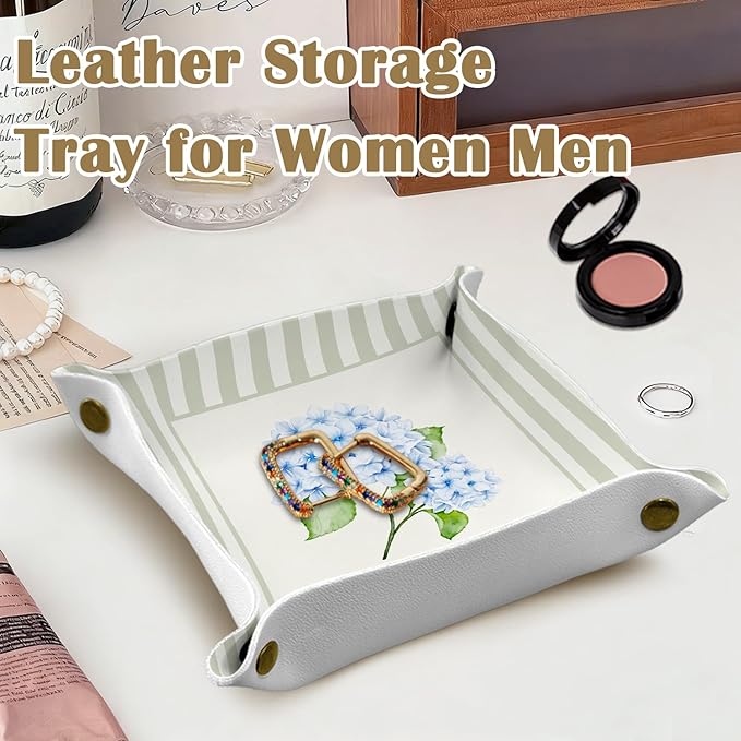 Blue Hydrangea Floral Jewelry Valet Tray for Women, Hydrangea Gifts PU Leather Catchall Beside Caddy Nightstand Organizer Tray for Jewelry Rings Watches Keys and Accessories, 7.87x7.87in