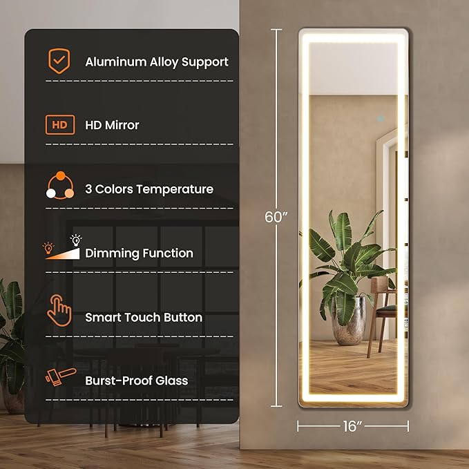 NEWBULIG 60"x16" Full Length Mirror with Light, 3 Color Lighting Full Body Floor Mirror with Aluminum Alloy Thin Frame, Wall or Standing Mirror for Bedroom, Living Room, Dressing Room, White
