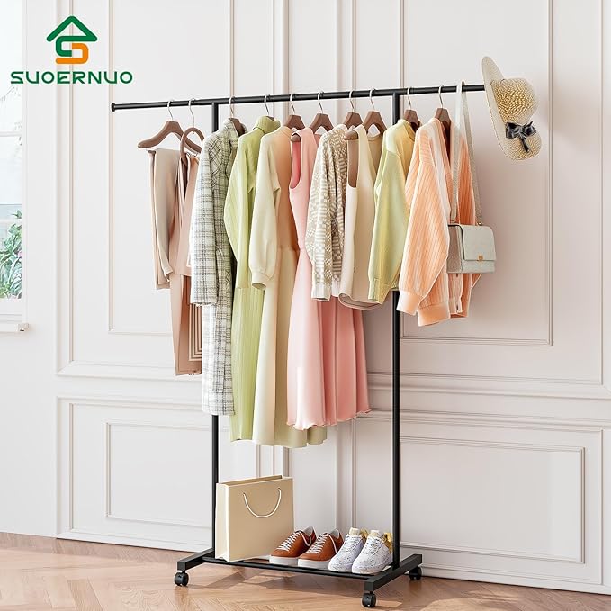 SUOERNUO Clothes Rack with Wheels Rolling Clothing Rack for Hanging Clothes, Portable Metal Garment Rack for Bedroom Laundry Living Room (Black, 59.05"*15.75"*59.45")