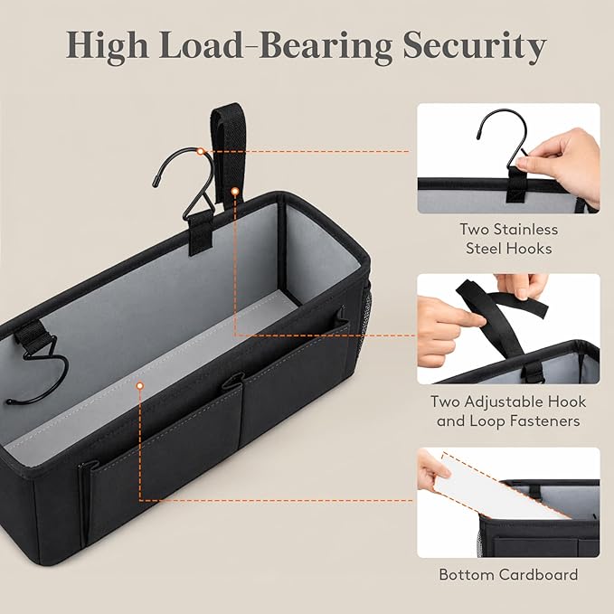 Lifewit Bedside Caddy Storage Organizer, Hanging Storage Bag with Fixed Straps, Book Remotes Holder for Home, College, Dorm, Bunk, Hospital, Crib Bed Rails, Black