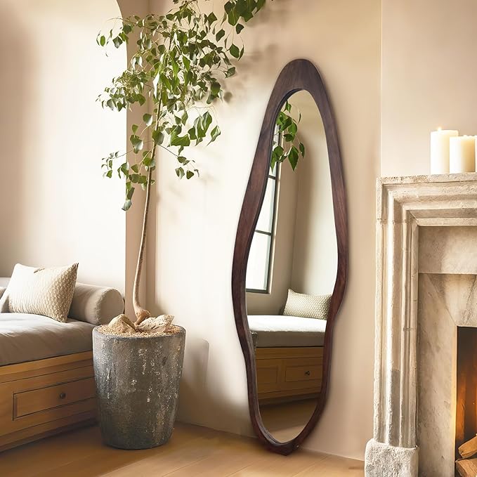 Irregular Full Length Mirror, 67"x24" Wooden Farmhouse Full Body Mirror, Large Asymmetrical Wall Mirrors for for Living Room Entryway Bedroom, Horizontal/Vertical, Woodgrain Brown
