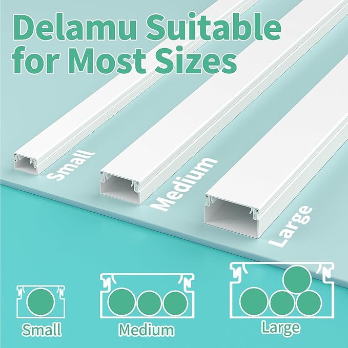 Delamu Cord Hider, 100in Self-Adhesive Cord Cover Kit for Wall Mounted TV, Paintable Wire Hider, Flexible Cable Management System, Cable Raceway Conceals 2-3 Wires, W0.95 H0.55in, White