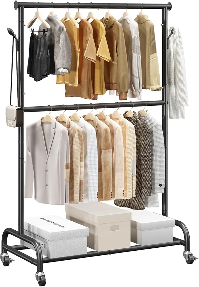 VEVOR Clothes Rack, Rolling Clothing Garment Rack with Adjustable Crossbar and Side Hooks, 150 lbs Load Capacity, Heavy Duty Carbon Steel Clothing Racks with Wheels for Bedroom, Laundry, Living Room