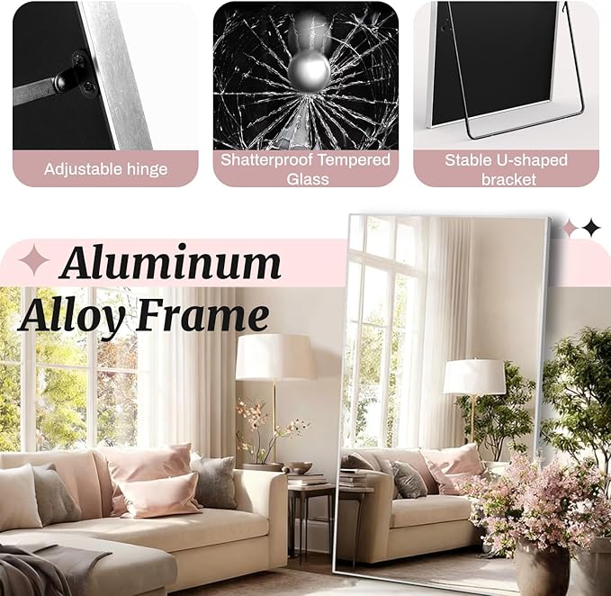 EOGOW 71" x 31" Full Body Mirror,Tempered Glass Shatterproof Full Length Mirror with Stand, Hanging, Wall Mounted Leaning for Bedroom Living Room Entryway