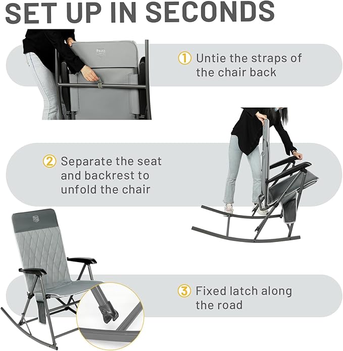 Timber Ridge 3-Level Adjustable Rocking Camping Chair, Ergonomic Padded High Back, Supports 300 LBS, Stable Anti-Tip Rocker, Hard Armrests for Easy Standing, Portable for Patio, Lawn & Tailgating