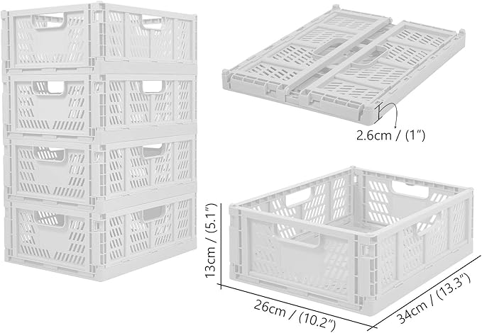 4-Pack Folding Storage Boxes Crate Collapsible Plastic Drawer Organizer , Stackable Shelf Storage Basket Food Fruit Vegetables Bottles Toy Organiser Baskets for Home Office Bedroom Kitchen -White