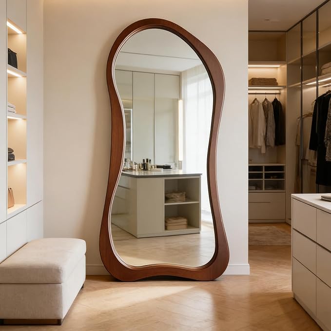 Large Irregular Mirror, 67"x31.5" Organic Floor Mirrors with Solid Wood Frame, Asymmetrical Full Length Mirror for Living Room Entryway Hallway Bedroom Cloakroom, Leaning/Wall-Mounted