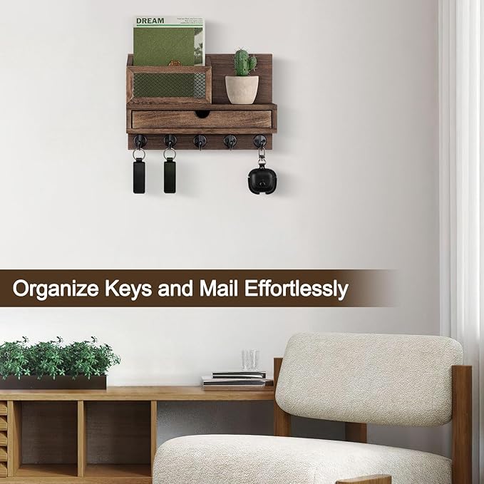Key Holder Wall Mount, Key Holder for Wall with 5 Key Hooks and Storage Drawer Mail Organizer for Entryway Living Room Farmhouse Home Decor