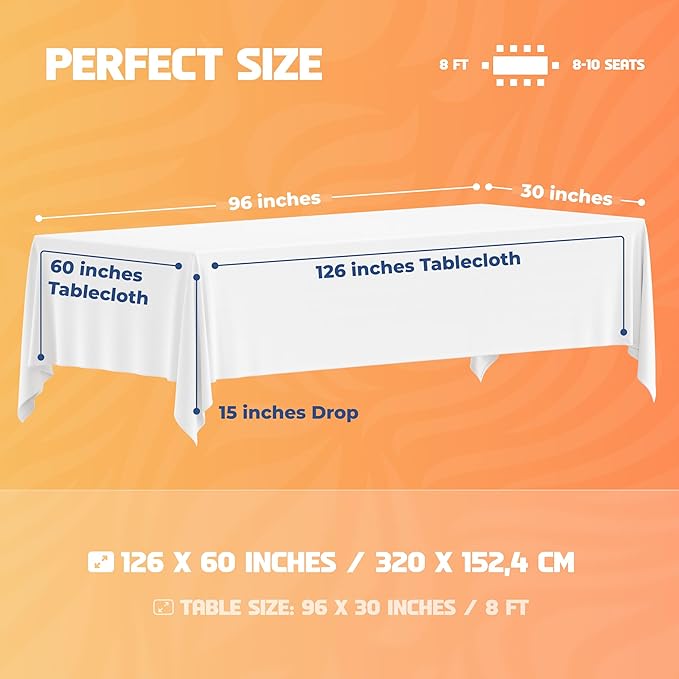 WEALUXE White Table Cloth for 8 Foot Rectangle Tables, 60x126 inches, Water, Stain and Wrinkle Resistant, 200 GSM Washable Poly Fabric Tablecloth Rectangular, Elegant and Durable