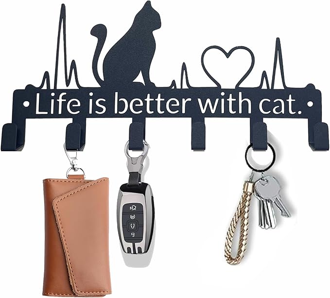 Key Holder Wall Mount with 6 Hooks, Cute Cat Key Rack Organizer for Entryway, Kitchen, Office - Rustproof, Waterproof - Easy Installation,Gift for New Homeowners - 9.8inch/25cm