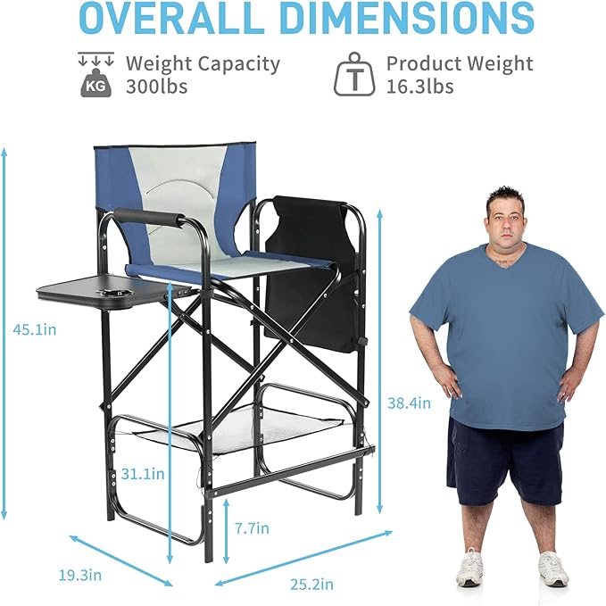 Outvita 2 Piece 31" Tall Directors Chair Height Seat Folding with Side Table Storage Bag, Support for 300Lbs Portable Makeup Artist Chair with Bar Height(Blue/Grey)