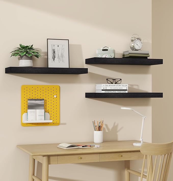 Vervida® 3 Pack Black Floating Shelves,24" W x 7.9" D x 1.5" H, Holds Up to 37 Lbs, Ideal for Living Room, Bedroom, Bathroom, Kitchen, Office, Storage, Display, with Invisible Brackets Wall Shelves