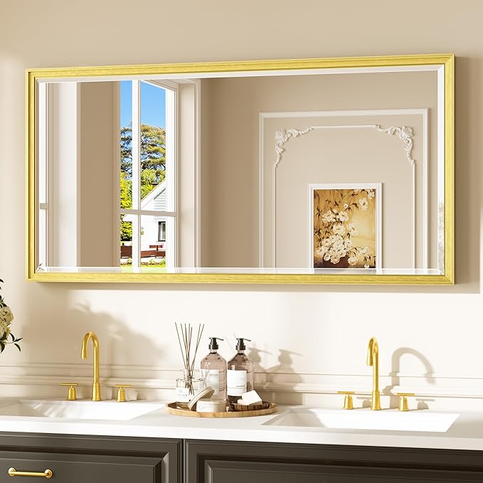 Keonjinn 48" x 24" Gold Bathroom Vanity Mirror, Brushed Gold Wall Mirrors Full Length, HD Tempered Glass with Beveled Edge, Decorative Aluminum Alloy Frame, Rectangular Mirror(Vertical/Horizontal)