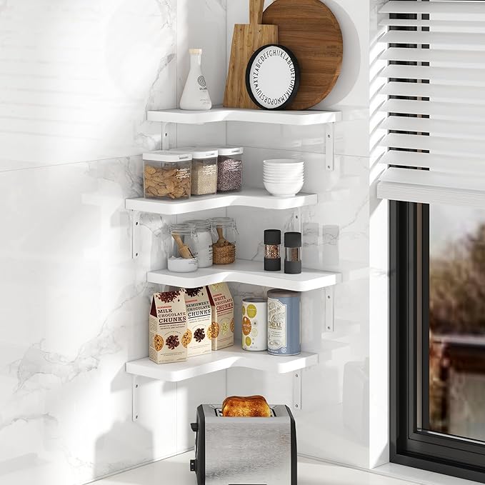 Venusmiles Corner Floating Shelves Set of 4, Wall Mounted L-Shaped Storage - Maximize Unused Corner Space in Bathroom, Kitchen, Bedroom, Office, Pearl White