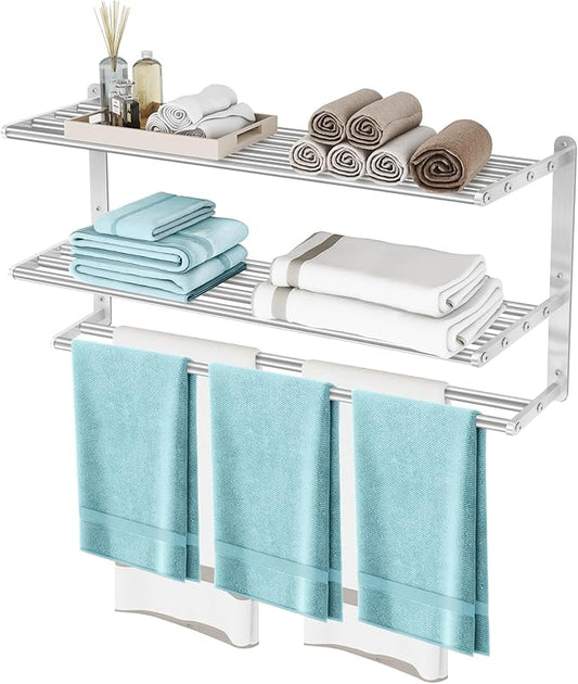 3 Tier Towel Racks for Bathroom Wall Mounted, 32 inch Bathroom Shelf with Towel Bar, Brushed Nickel Shelves for Towels, Stainless Steel Modern Silver Multi Holder