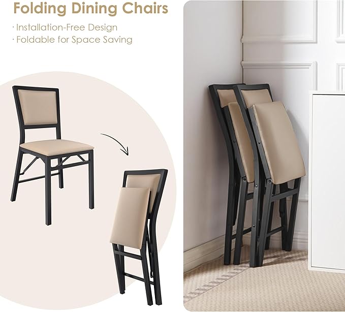 VECELO Folding Chairs Set of 2 with Cushion, Foldable Padded Seats with Heavy Duty Metal Frame for Kitchen/Dining/Living Room, No Assembly & Space Saving Design, Beige