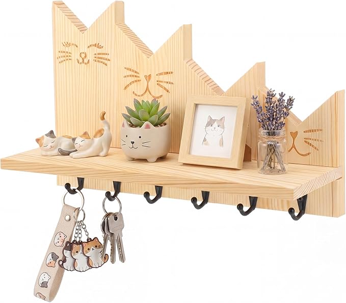 Wenqik Cat Key Holder with Shelf for Wall 11 Inch Entryway Organizer Cute Cat Decorative Pine Wood Key Rack Wall Mount with 6 Hooks and Floating Shelf for Keys Leashes Plants Natural Wood Color