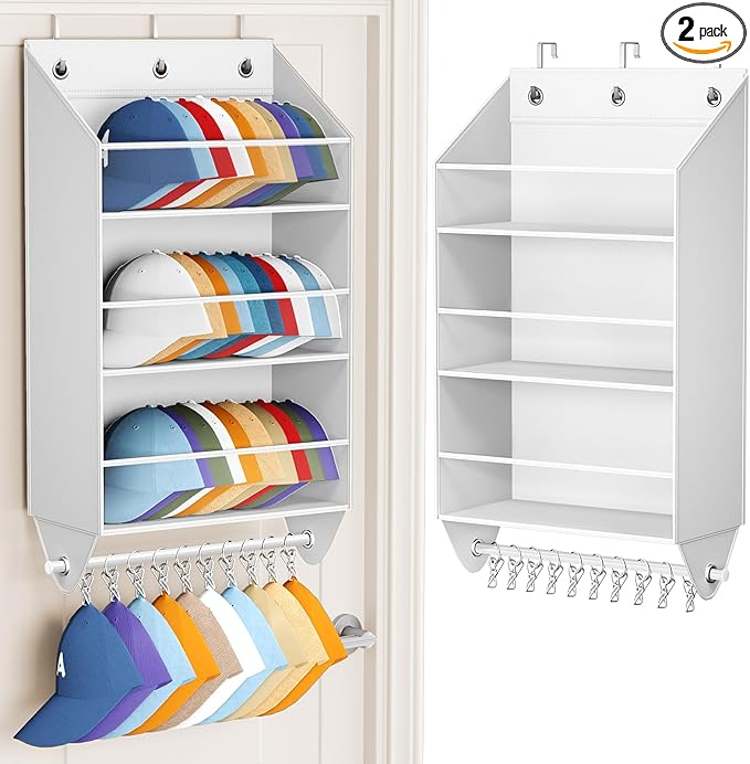 Homsorout Over the Door Hat Rack - 3-Layer Design Hat Organizer Holds 30-36 Hats with 10 Hooks, Ideal Hat Rack for Door, Over the Door Organizer for Closet, Apartment, Bedroom, Dorm, 2 Pack, White