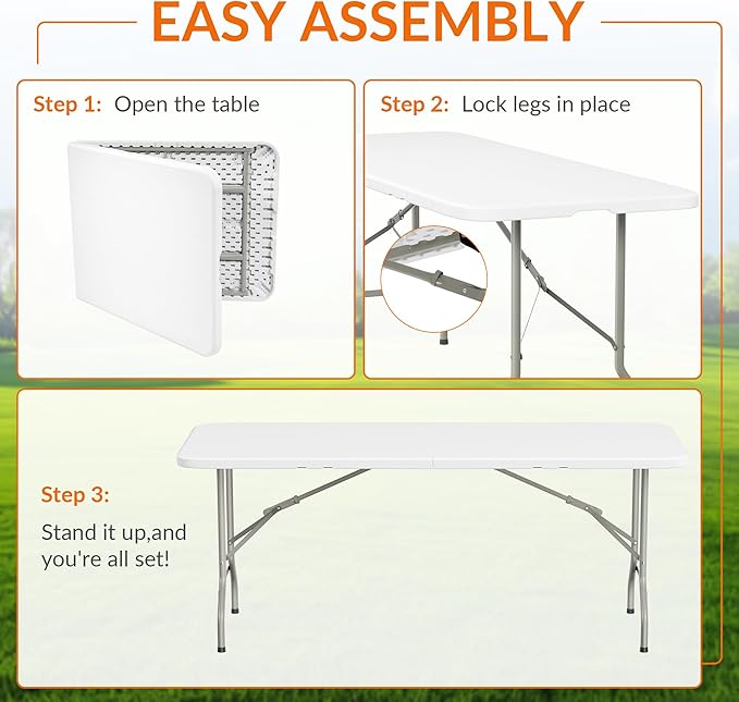 Elevon Folding Table Set with 8 Black Folding Chairs,6 Feet Heavy Duty Fold-in-Half Utility Table Sets for Picnic, Event, Training, Outdoor Activities, at Home and Commercial Use