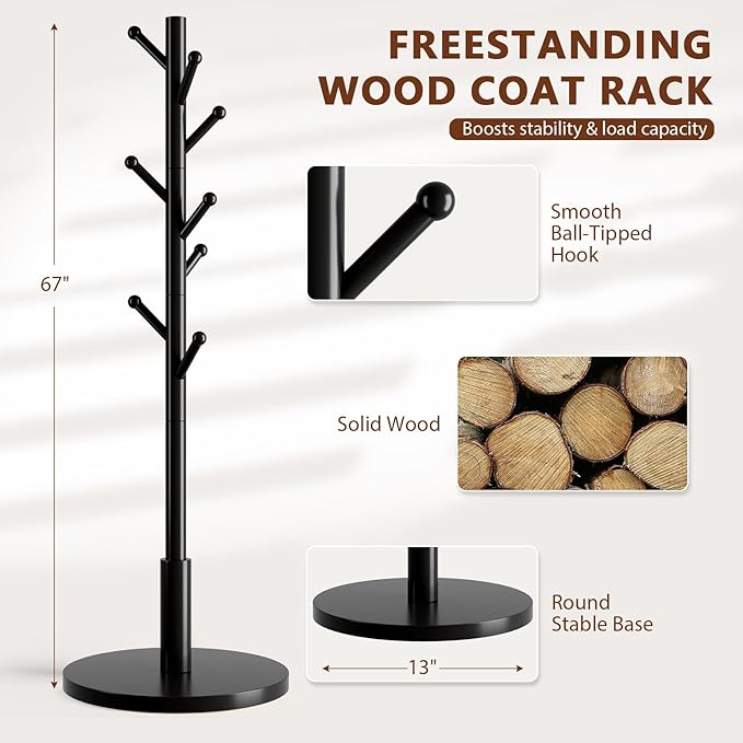 Coat Rack Freestanding Wooden Coat Tree Stand with 8 Round-tip Hooks, 3 Adjustable heights Coat Hat Rack for Entryway,Bedroom,Hallway,Office (Black)