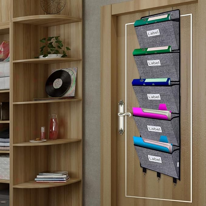 homyfort Over the Door File Organizer Hanging File Folders, Wall Organizers and Storage for Mail, Magazine, Notebooks, Planners, Office, Classroom, 5 Extra Large Pockets (Black with Pattern)