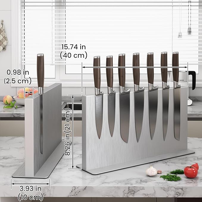 THMINS Large Magnetic Knife Block Stainless Steel Double-Sided Magnetic Knife Holder, Universal Multi-function Display Rack for Kitchen Counter