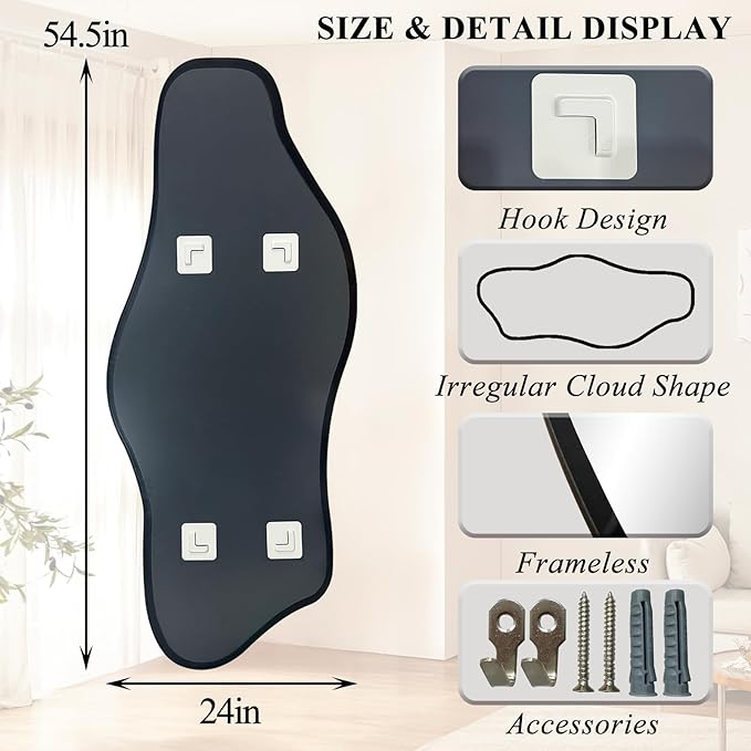 Irregular Frameless Mirror, 60"x24" Large Asymmetrical Tempered Glass Mirror, Modern Organic Shape Mirrors for Living Room Bedroom Hallway Entryway, Hangs Vertically or Horizontally
