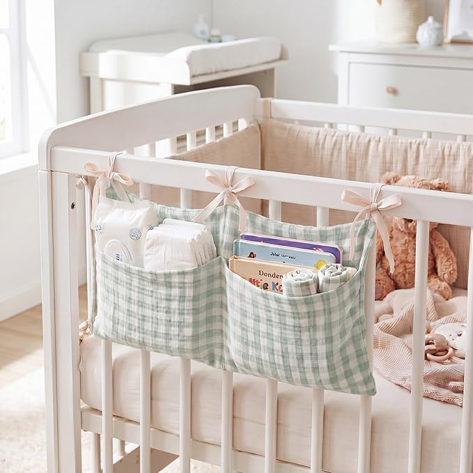 Gingham Crib Organizer Hanging Cotton Baby Bedside Hanging Storage Bag Storage Crib Organizer Baby Nappy(Green)