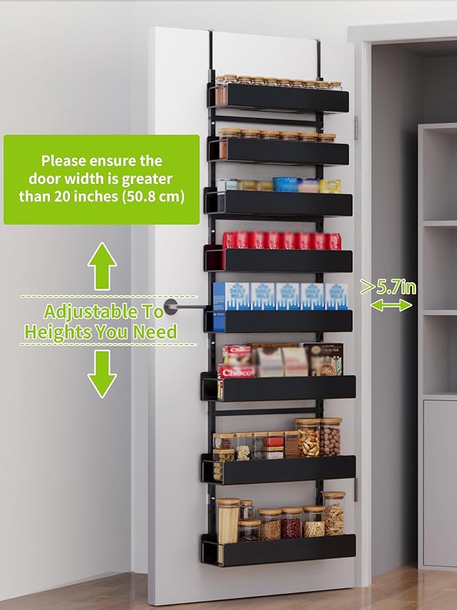 Narrow Over The Door Pantry Organizer, 8-Tier Metal Pantry Door Organization and Storage for Easy Instal, Hanging Spice Rack Shelves Door for Kitchen Pantry Door Organizers and Storage, Black