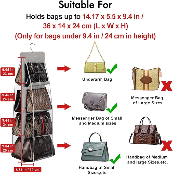 Lirex Handbag Hanging Purse Organizer for Closet, 8 Pocket Handbag Storage Organizer Hanger Oxford Cloth Closet Organizer for Family Closet Bedroom, Foldable and Universal Fit, Light Pink