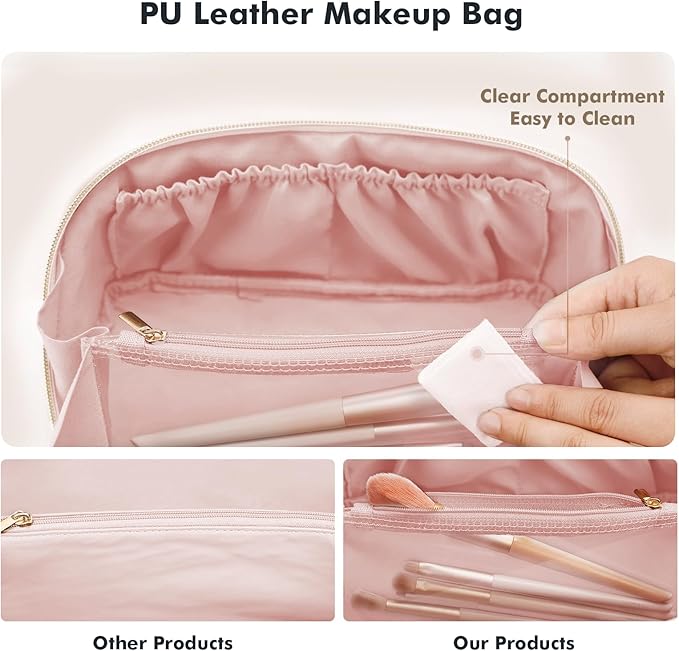 Prite Makeup Bag for Women Travel Waterproof Vegan Leather Cosmetic Bag Open Flat Toiletry Bag With Clear Divider and Handle (Plaid Pink, Medium)