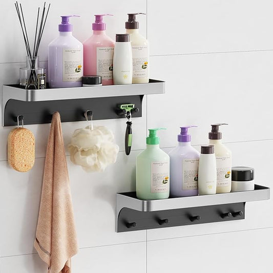 2 Pack Shower Caddy Adhesive, Shower Shelve for Inside Shower, Bathroom Organizers and Storage for Accessories Holder, Rustproof Bathroom Wall Shower Rack Organize with 5 Hooks, No-drill, Silver