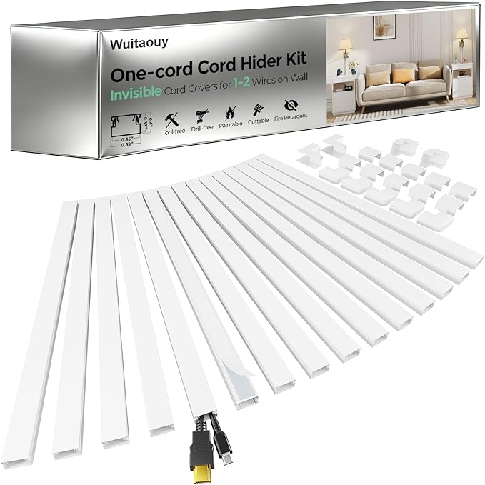 Cord Hider, 212.6in Cord Covers for 1-2 Wires on Wall, Paintable Wire Hider Wire Covers for Cords on Walls, Easy Set-up Cable Hider Cable Raceway to Hide Cords on Wall, W0.59 H0.4in, White
