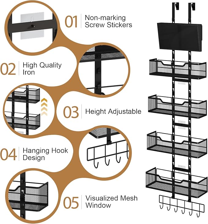 Hongtamoya Adjustable Over The Door Organizer, Closet Door Organizer Heavy Duty Hanging Door Storage with 4 Metal Baskets and PVC Pocket, Behind Organizer for Bathroom Closet Bedroom Cabinet, Black