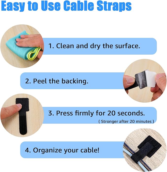 80PCS Hook and Loop Cable Ties, Under Desk Cable Management, Adhesive Cable Straps, Cord Management Hider Idea, Cord Organizer for Desk, Computer Accessories, Home Office Organization, White