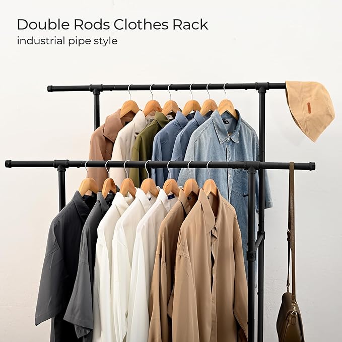 FOUCSSOMEI Heavy Duty Clothes Rack, Rolling Clothing Rack, Garment Rack with Wheels, Double Rod, Max 400Lbs, Black