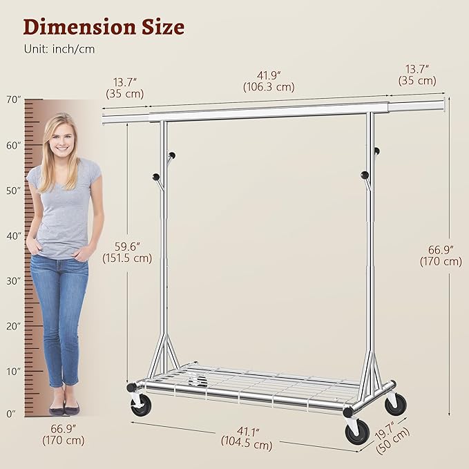 FAVOOSTY Heavy Duty Clothes Rack Load 450 LBS, Rollong Clothing Rack for hanging Clothes with Shelves, Freestanding Garment Rack, Portable Wardrobe Closet Rack for Laundry Room Bedroom, Silver
