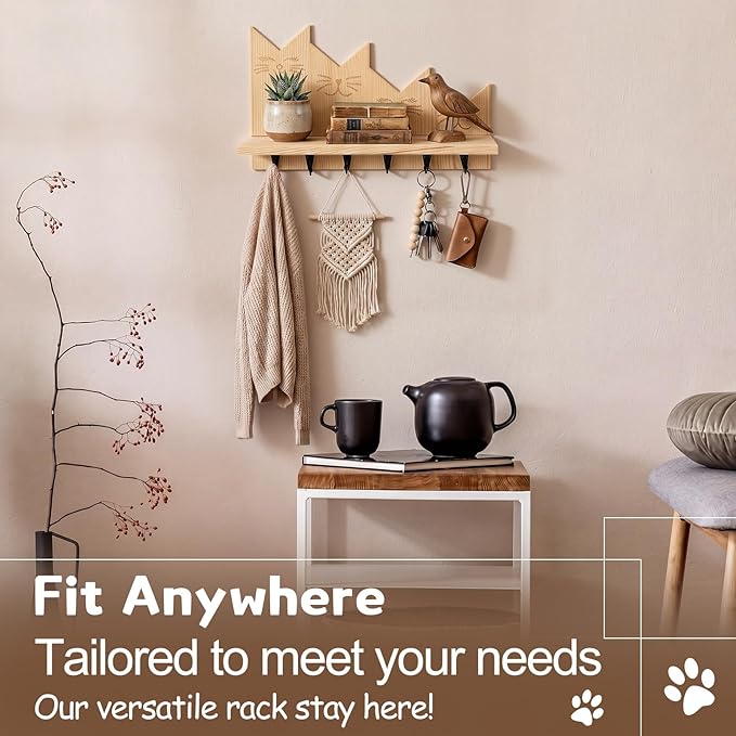 Wenqik Cat Key Holder with Shelf for Wall 11 Inch Entryway Organizer Cute Cat Decorative Pine Wood Key Rack Wall Mount with 6 Hooks and Floating Shelf for Keys Leashes Plants Natural Wood Color